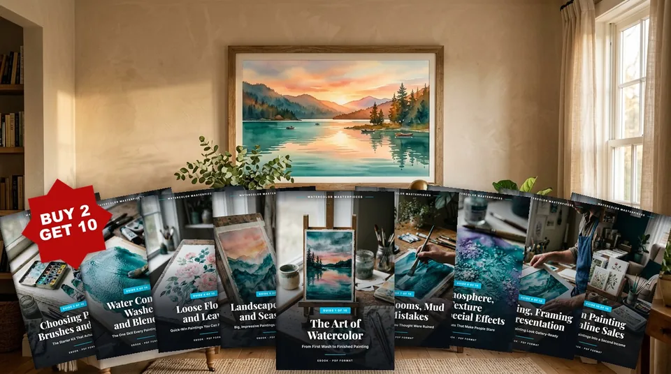 The complete 10-guide Watercolor Masterpieces bundle below a framed watercolor lake painting in a warm living room