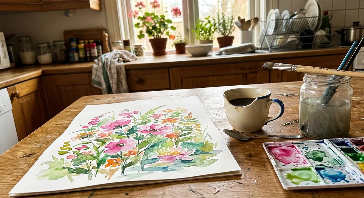 Loose floral watercolor painting drying on a kitchen table